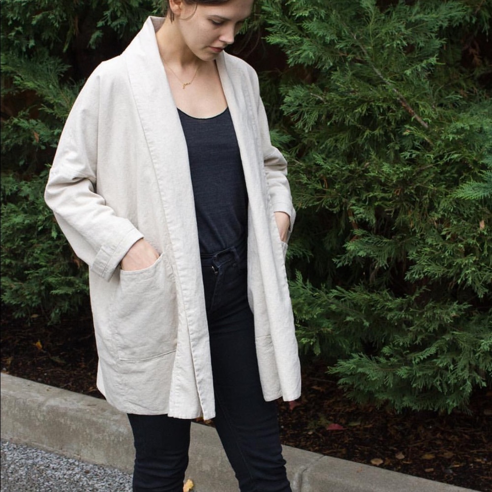 Cotton linen shawl collar open jacket coat Small